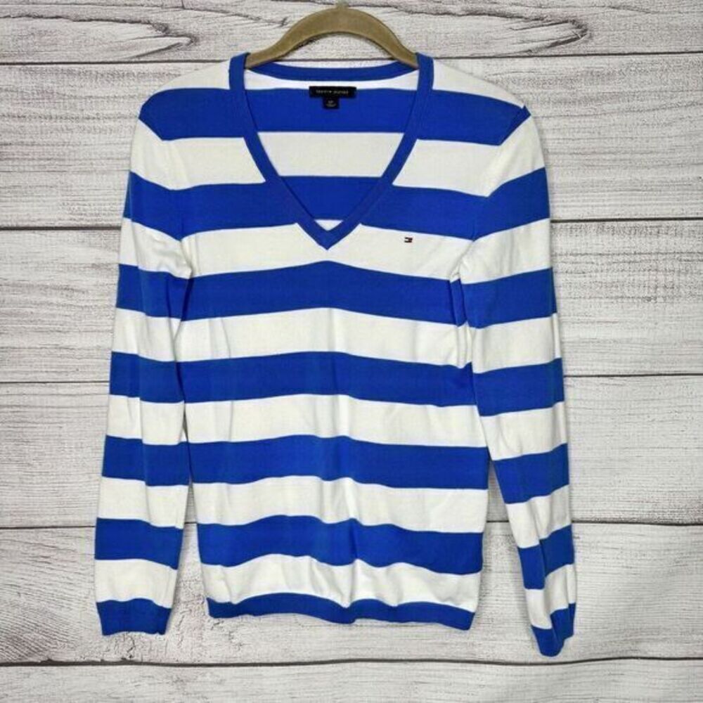 TOMMY HILFIGER‎ V-NECK WHITE BLUE STRIPES SWEATER WOMEN'S SIZE S